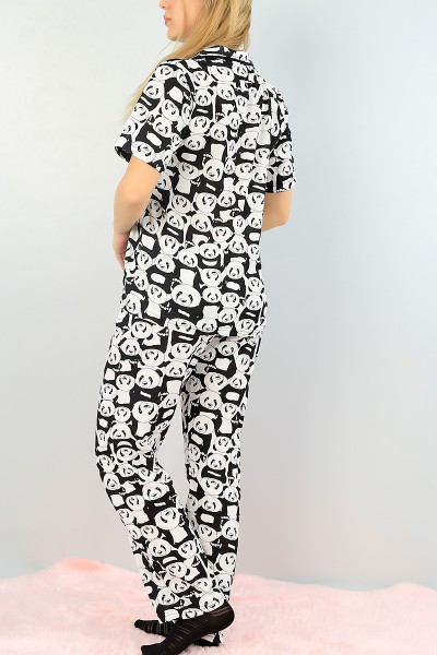 Siyah Düğmeli Bayan  Baskılı Pijama Takımı 64931
