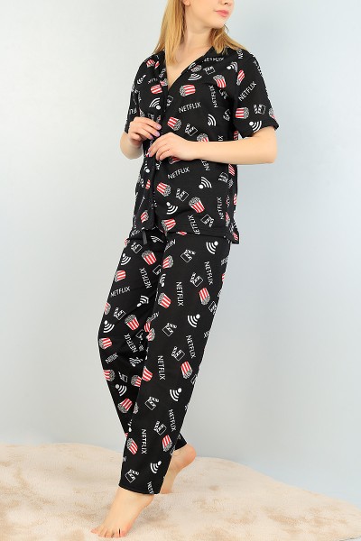 Siyah Düğmeli Bayan  Baskılı Pijama Takımı 64933