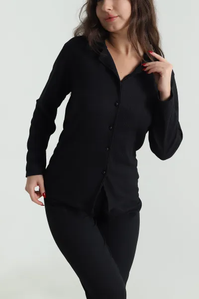 Siyah Düğmeli Bürümcük Kadın Pijama Takımı 494446
