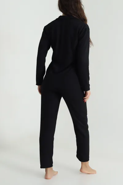 Siyah Düğmeli Bürümcük Kadın Pijama Takımı 494446