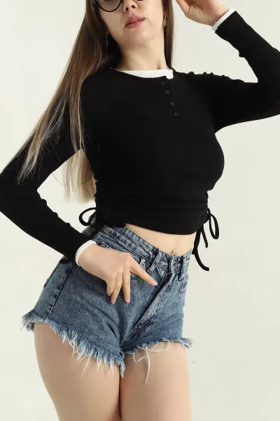 Siyah Düğmeli Büzgülü Fitilli Kadın Bluz 354128