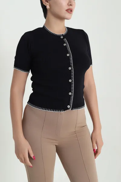 Siyah Düğmeli Çoban Dikişli Kadın Triko 477730