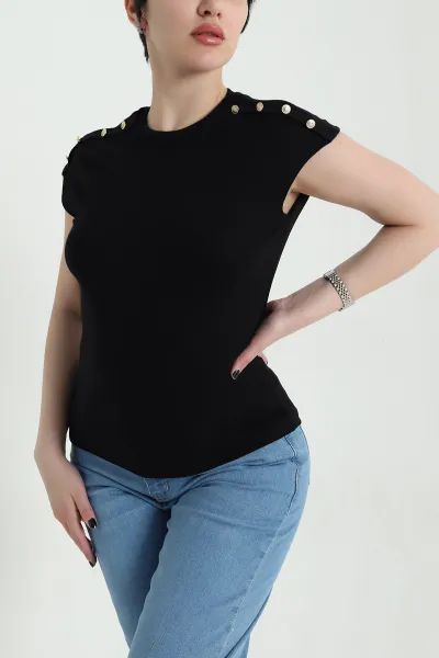 Siyah Düğmeli Likralı Buzzy Kadın Bady Bluz 455808