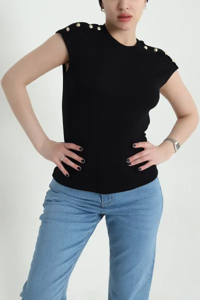 Siyah Düğmeli Likralı Buzzy Kadın Bady Bluz 455808