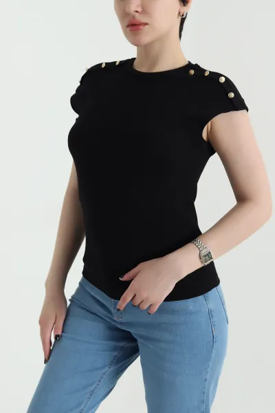 Siyah Düğmeli Likralı Buzzy Kadın Bady Bluz 455808
