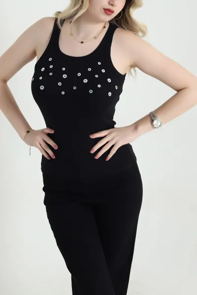 Siyah Düğmeli Likralı Kaşkorse Kadın Atlet 457709