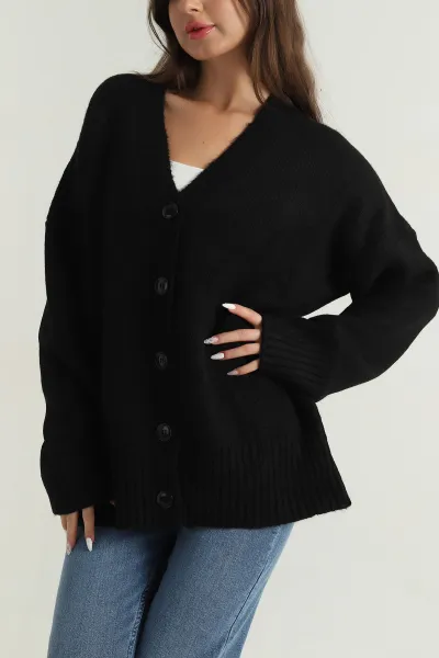 Siyah Düğmeli Oversize Kadın Triko Hırka 401056