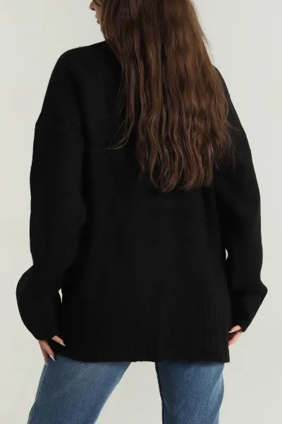 Siyah Düğmeli Oversize Kadın Triko Hırka 401056