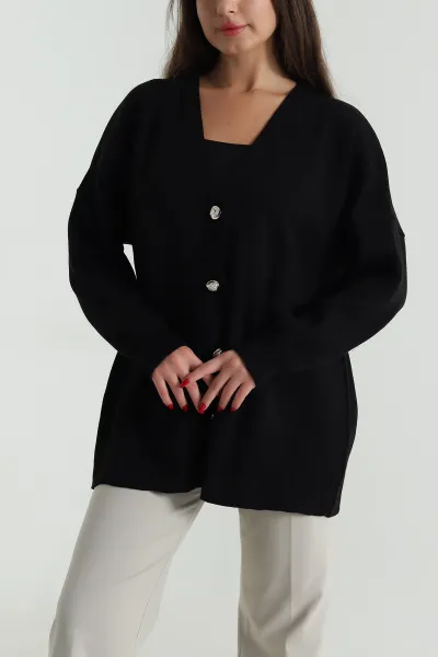 Siyah Düğmeli Oversize Kadın Triko Hırka 490709
