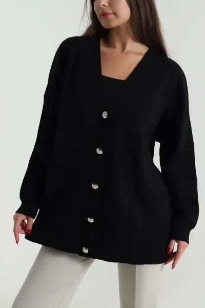 Siyah Düğmeli Oversize Kadın Triko Hırka 490709