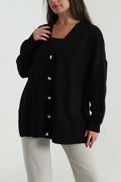 Siyah Düğmeli Oversize Kadın Triko Hırka 490709