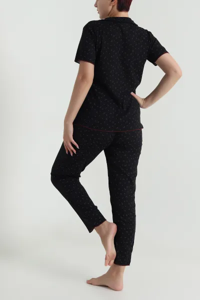Siyah Düğmeli Pointel Kadın Pijama Takımı 482596
