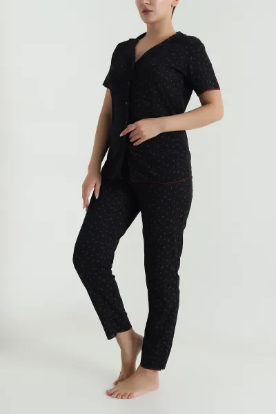 Siyah Düğmeli Pointel Kadın Pijama Takımı 482596