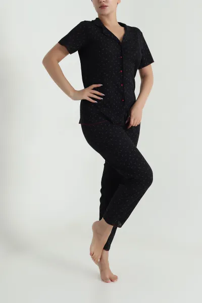 Siyah Düğmeli Pointel Kadın Pijama Takımı 482596