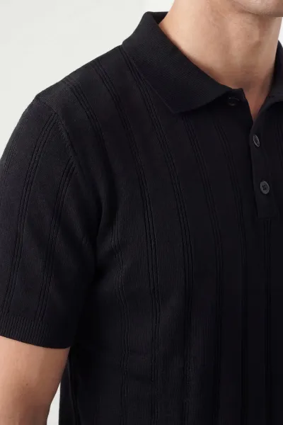 Siyah Düğmeli Polo Yaka Erkek Triko Tişört 445633