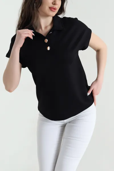 Siyah Düğmeli Polo Yaka Kristal Kadın Bluz 449067