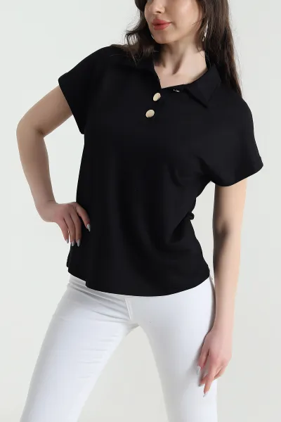 Siyah Düğmeli Polo Yaka Kristal Kadın Bluz 449067