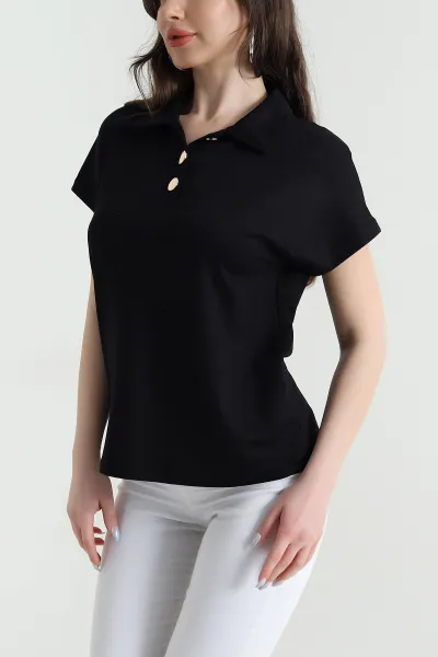 Siyah Düğmeli Polo Yaka Kristal Kadın Bluz 449067
