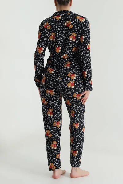 Siyah Düğmeli Süet Kadın Pijama Takımı 492768