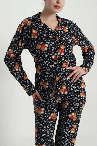 Siyah Düğmeli Süet Kadın Pijama Takımı 492768