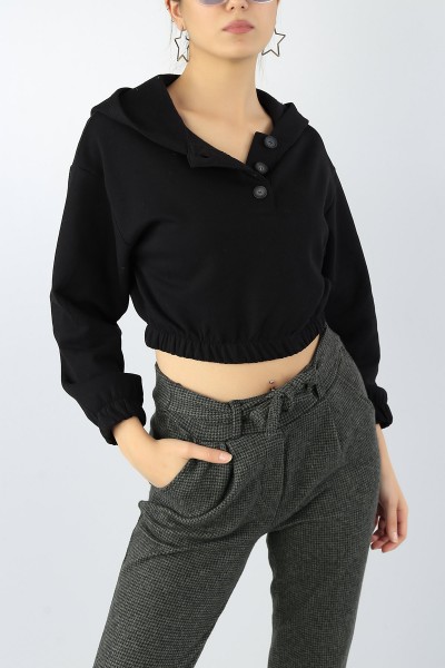Siyah Düğmeli Tasarım Bayan Üç İp Sweat 53555