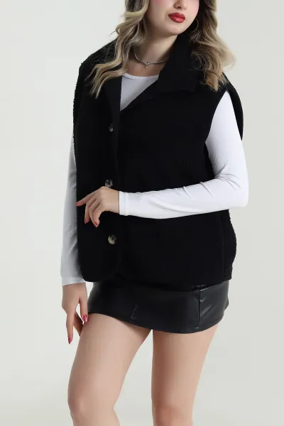 Siyah Düğmeli Teddy Kadın Yelek 492630