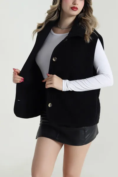 Siyah Düğmeli Teddy Kadın Yelek 492630