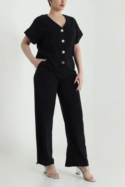 Siyah Düğmeli Tencel Kadın İkili Takım 455147