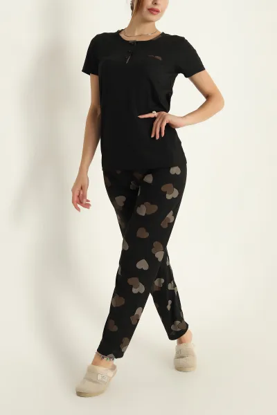 Siyah Düğmeli Viskon Bayan Pijama Takımı 288958