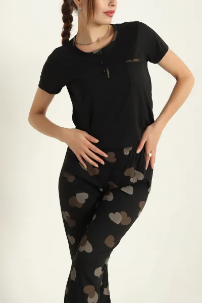 Siyah Düğmeli Viskon Bayan Pijama Takımı 288958