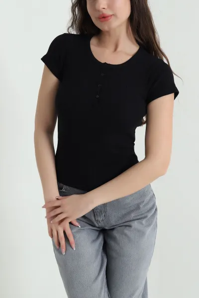 Siyah Düğmeli Yaka Fitilli Kadın Bluz 456143