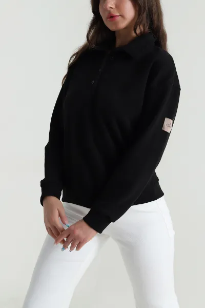 Siyah Düğmeli Yaka Üç İp Kadın Sweat 484742