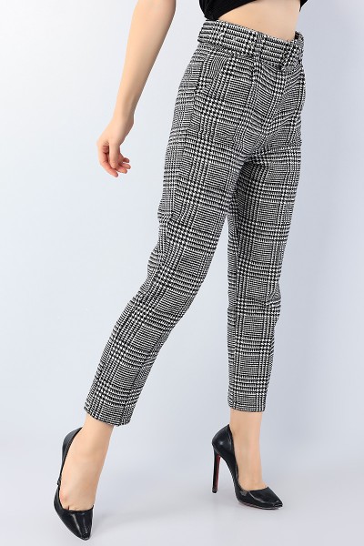 Siyah Ekose Desenli Bayan Kaşmir Pantolon 75708