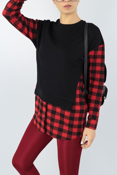 Siyah Ekose Garnili Bayan Sweat 53091