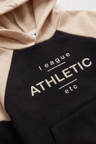 Siyah Ekru (2-6 Yaş) Athletic Baskılı Kapüşonlu 3 İp Şardonlu Erkek Çocuk Kışlık Takım 481862