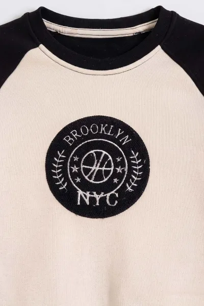 Siyah Ekru (5-12 Yaş) Süzene Brooklyn Nakışlı  Garnili 3 İp Şardonlu Erkek Çocuk Kışlık Takım 478786