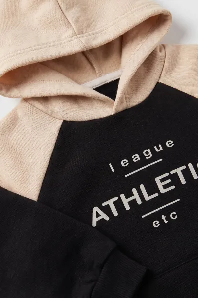 Siyah Ekru (6-10 Yaş) Athletic Baskılı Kapüşonlu   3 İp Şardonlu Erkek Çocuk Kışlık Takım 481858