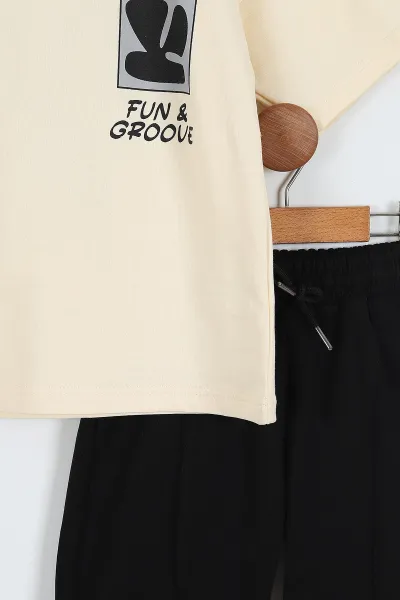 Siyah Ekru  (7-12 Yaş)Ön Arka Fun Groove Baskılı Cepli Şortlu Erkek Çocuk Yazlık Takım 353401