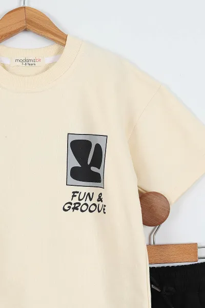Siyah Ekru  (7-12 Yaş)Ön Arka Fun Groove Baskılı Cepli Şortlu Erkek Çocuk Yazlık Takım 353401