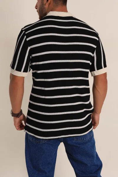 Siyah Ekru Çizgili Regular Fit Polo Yaka Erkek Triko Tişört 262591
