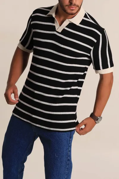 Siyah Ekru Çizgili Regular Fit Polo Yaka Erkek Triko Tişört 262591