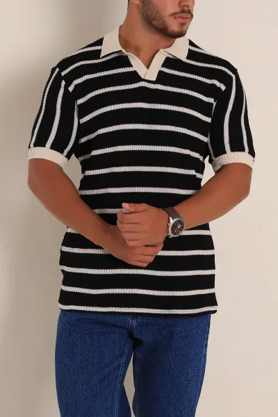 Siyah Ekru Çizgili Regular Fit Polo Yaka Erkek Triko Tişört 262591