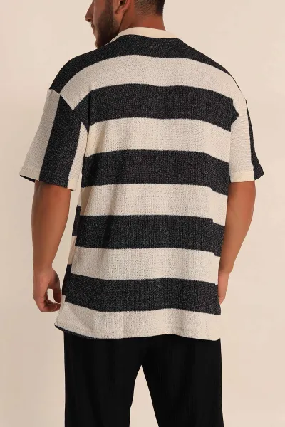 Siyah Ekru Geniş Çizgili Oversize Polo Yaka Erkek Tişört 269200