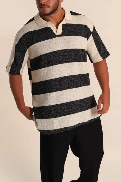 Siyah Ekru Geniş Çizgili Oversize Polo Yaka Erkek Tişört 269200