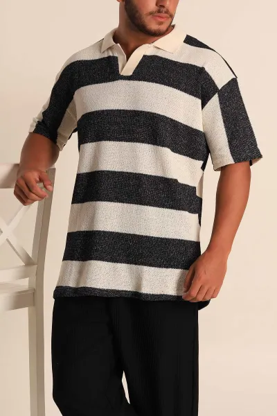 Siyah Ekru Geniş Çizgili Oversize Polo Yaka Erkek Tişört 269200