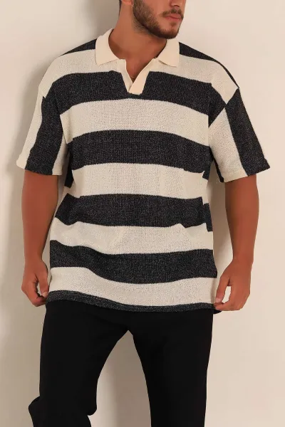 Siyah Ekru Geniş Çizgili Oversize Polo Yaka Erkek Tişört 269200