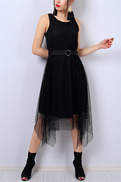Siyah Eteği Asitmetrik Fileli Bayan Elbise 13408B