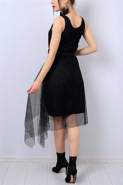 Siyah Eteği Asitmetrik Fileli Bayan Elbise 14010B