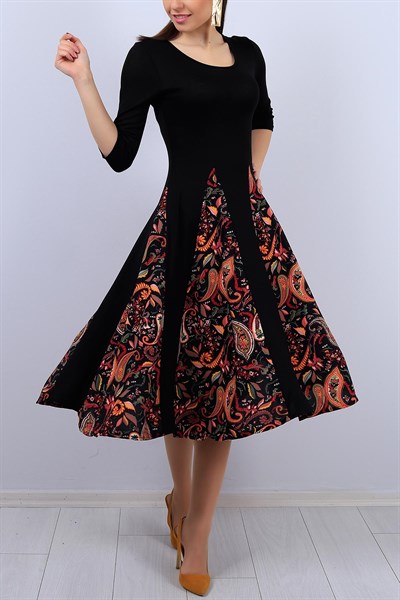 Siyah Eteği Desenli Bayan Elbise 11947B