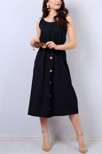 Siyah Eteği Düğme Detaylı Bayan Elbise 13722B
